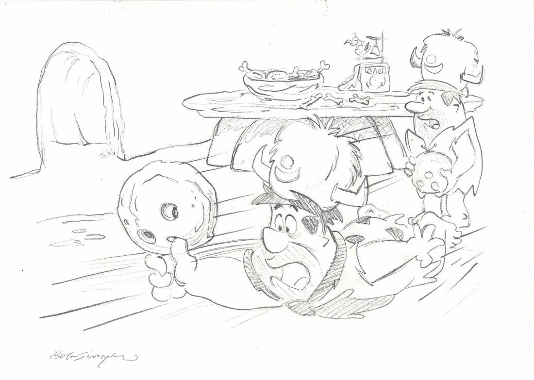 The Flintstones drawing by Bob Singer Bowling Alley: An original pencil drawing from the Flinstones with Fred and Barney playing Bowls being A4 in size or 11 3/4 inches by 8 1/4 inches signed by Bob Singer.