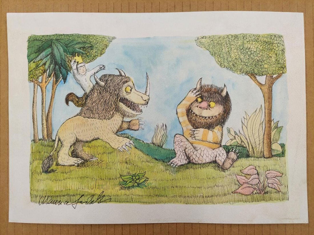 Maurice Sendak original painting of Max and wild things.NO RESERVE: This is a 29.5cm by 21cm art card painting of Max and Wild Things, drawn and painted by Maurice Sendak which has been authenticated and appraised with a valuation of £7500 to £8500 as of 2