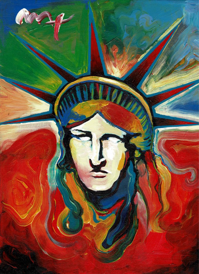 Peter Max original painting Statue of Liberty NO RESERVE: An original acrylic and oil to canvas that has then been stuck to board being 15 3/4 inches by 12 inches by Peter Max with outstanding colours. Signed to the upper left hand corner MAX.
