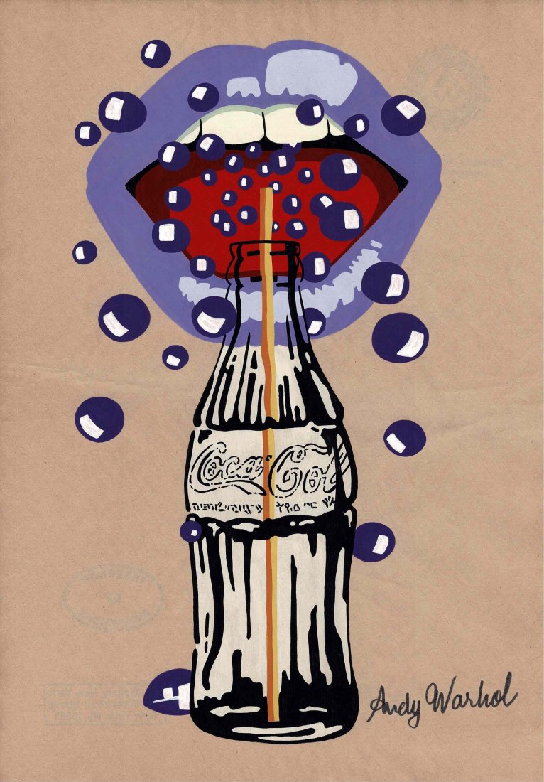 Andy Warhol Coca ~ Cola Hot Lips original painting NO RESERVE: An original vintage pen and watercolour of Hot Lips and a Coca ~ Cola bottle with straw by Andy Warhol drawn, painted and signed by him to the lower right hand corner. On the reverse there are 3 stamp