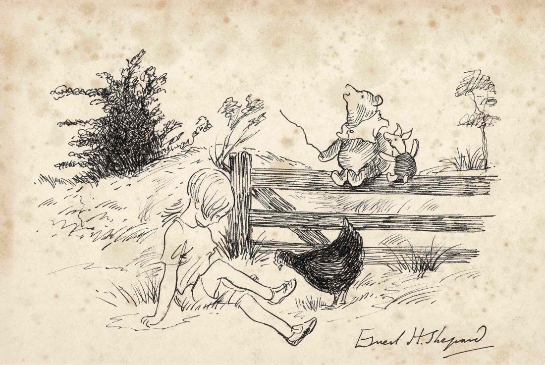 Christopher Robin Winnie the Pooh & Eeyore drawing by Ernest H Shepard NO RESERVE: This is an original pen and ink drawing on cream card of Christopher Robin, Winnie the Pooh and Eeyore on a gate, drawn and signed with a full signature by Ernest H Shepard being 8 1/2 inches by 5 6/7