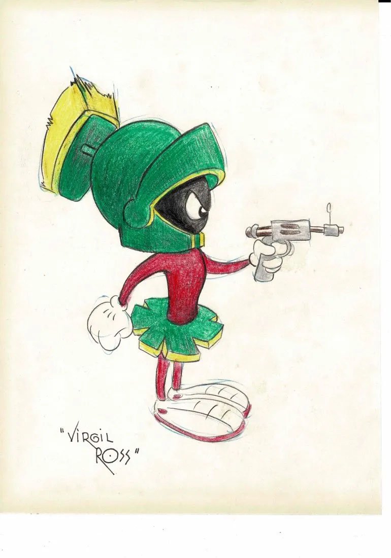Virgil Ross Marvin The Martian hand drawn signed coloured drawing COA NO RESERVE: An original Marvin the Martian colour drawing 30cm by 20cm in size drawn, coloured and signed by Virgil Ross with letter of appraisal and valuation, they have also verified this to be drawn and signed