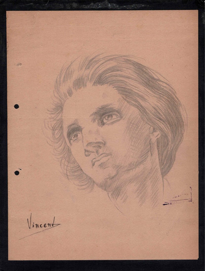 Vincent Willem Van Gogh pencil drawing NO RESERVE: Lot 30 is a pencil drawing to cream art card with punch holes to the left hand side and then it has been firmly pasted onto a black backing card which measures: 13 inches by 9 3/4 inches in size. Ther