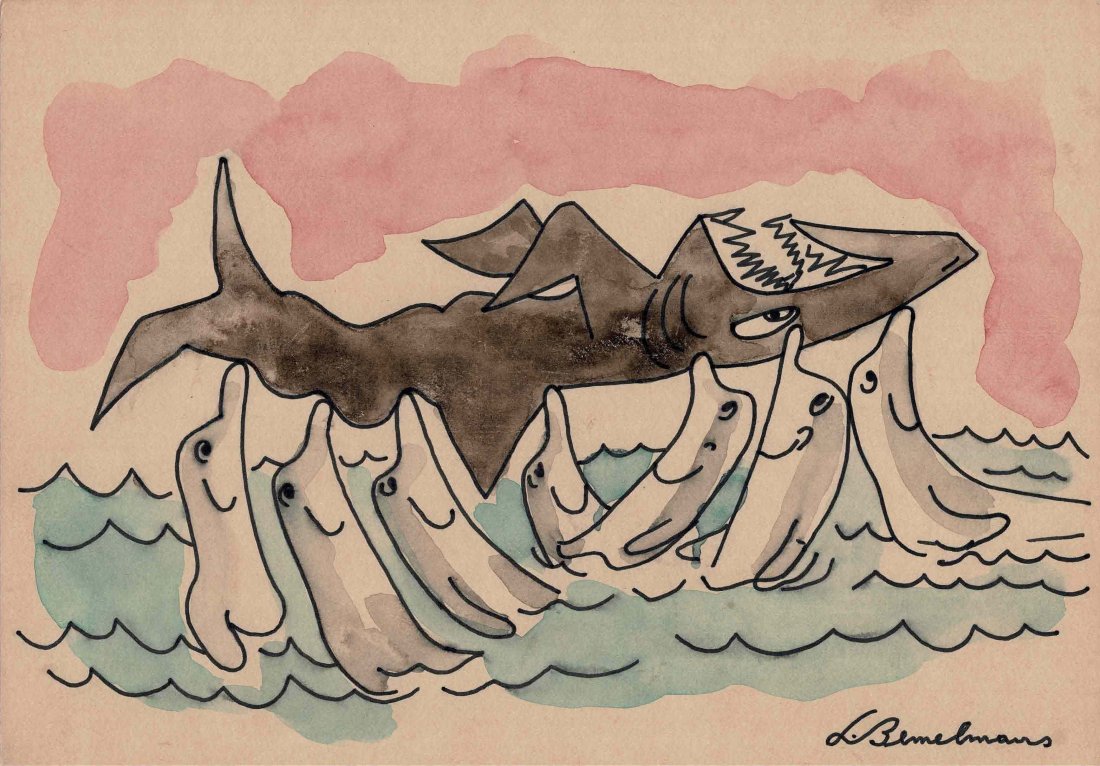 Ludwig Bemelmans painting Sharks & Dolphins NO RESERVE: Lot 37 is an original 1950's watercolour painting of Dolphins and Sharks signed to the lower right hand corner " L Bemelmans " in black. It is 11 1/2 inches by 8 1/4 inches in size. Cream art card and