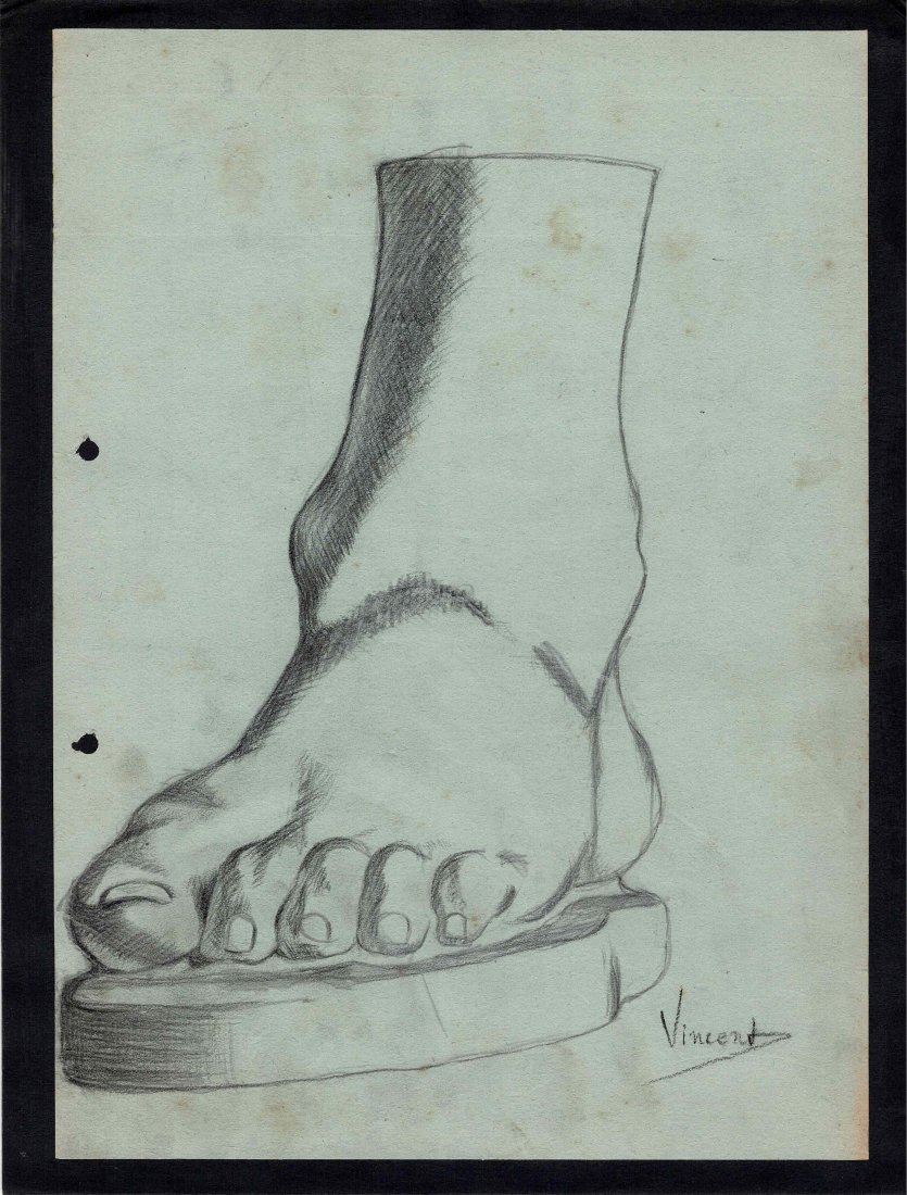 Vincent Willem Van Gogh pencil drawing NO RESERVE: Lot 60 is a pencil drawing to Green art card with punch holes to the left hand side and then it has been firmly pasted onto a black backing card which measures: 13 inches by 9 3/4 inches in size. Ther