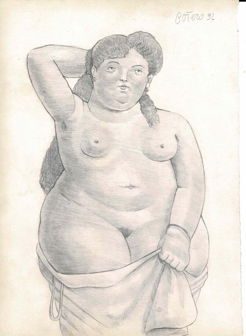 Fernando Botero Full Frontal Nude drawing NO RESERVE: Lot 66 is an original drawing being 11 3/4 inches by 8 1/4 inches with stamps on the rear, Fernando Botero is a Colombian artist and sculptor. Born in Medellin, his signature style portrays people and