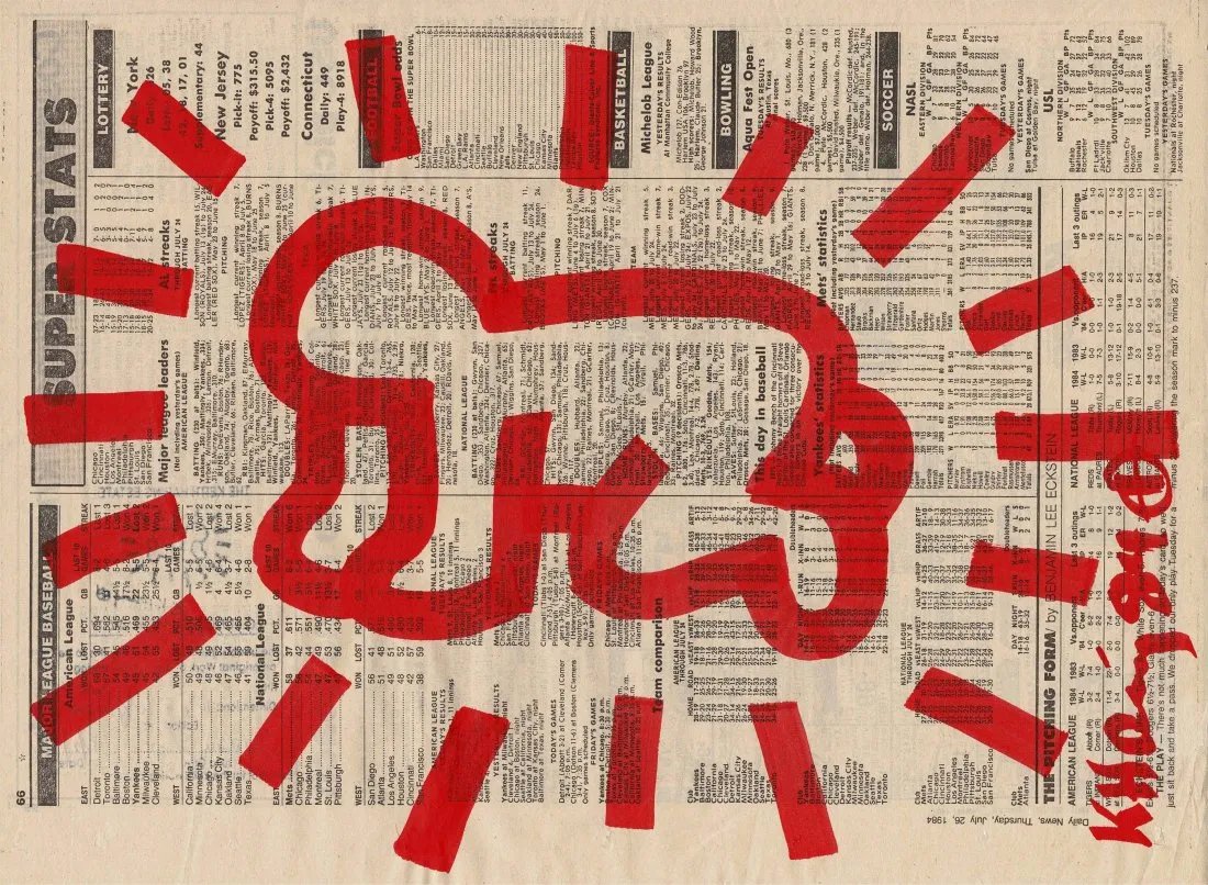 Keith Haring Crawling Baby drawing 1984 Certified NO RESERVE: An original newspaper from New York, USA with a drawing on it by Keith Haring of his Red Baby Drawing drawn in Red and signed and dated and also certified on the rear by the foundation in very good co