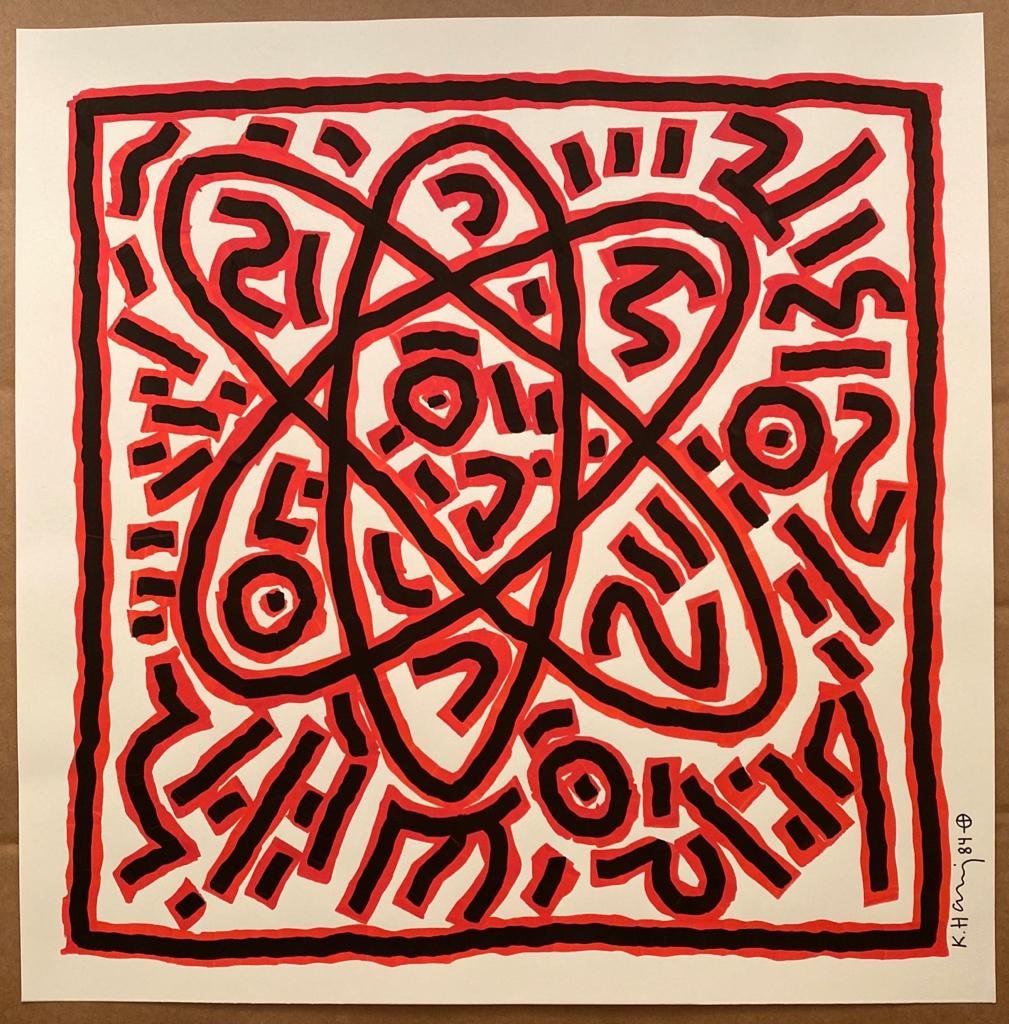 Keith Haring Extra Large drawing 1984 Very rare size: Lot Number 1: Keith Haring drew a great many huge drawings and very few appear on the market, this is a 16 1/2 inch by 16 3/8 inch drawing in Red and Black to Cream art card in very nice condition. It