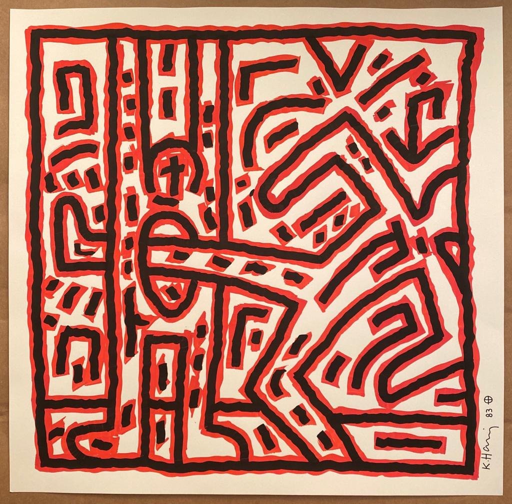 Keith Haring Figures fighting large drawing: Lot Number 2: Keith Haring drew a great many huge drawings and very few appear on the market, this is a 16 1/2 inch by 16 3/8 inch drawing in Red and Black to Cream art card in very nice condition. It