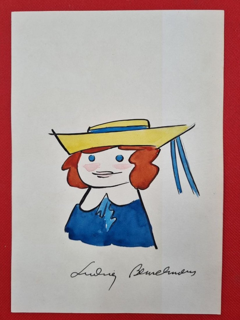 Ludwig Bemelmans original painting of Madeline with full signature: Lot 23 is an original painting of Madeline by Ludwig Bemelmans and is A5 in size 8 1/4 by 5 3/4 inches. A full head painting by him and a scarce full signature to the middle right hand side. There is 
