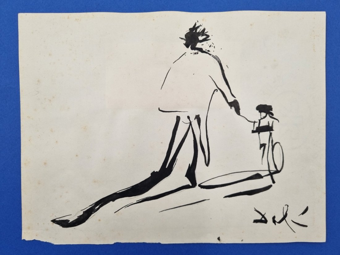 Salvador Dali Original titled painting: Lot number 26 is an original pencil outline then black paint to off white paper being 27 cm by 20.5cm titled " My Father " by Salvador Dali. Salvador Domingo Felipe Jacinto Dali Domnech, Marques de Da