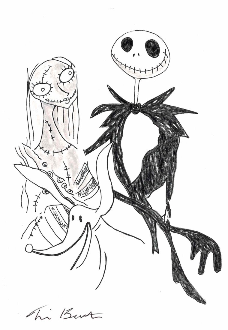 Tim Burton Jack Skellington Sally & Zero Drawing.