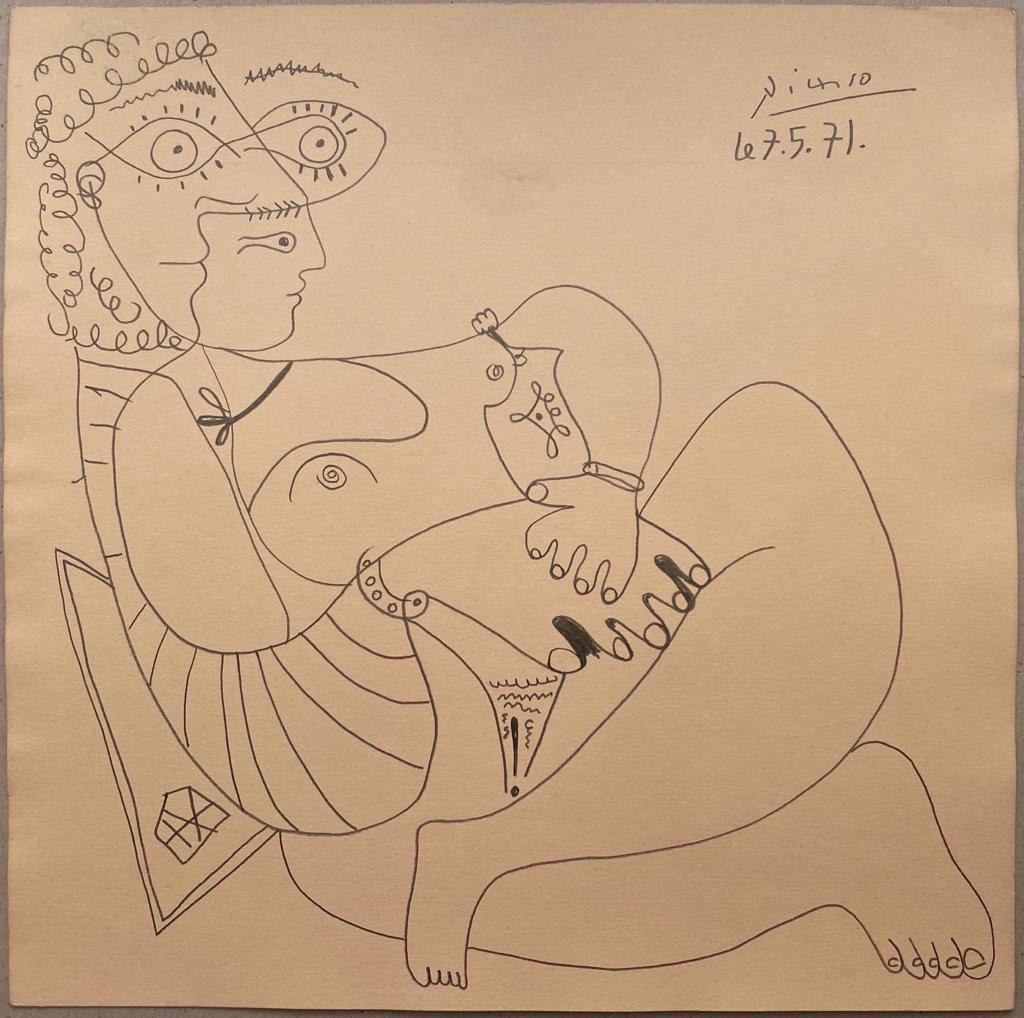 Picasso Sitting Couple drawing 7.5.71: Lot 51 is an original drawing on cream art card with graphite pencil of a sitting couple and is 11 1/2 inches by 11 1/2 inches in size (29.3cm X 29.3cm). This has a stamp on the rear in red showing RO