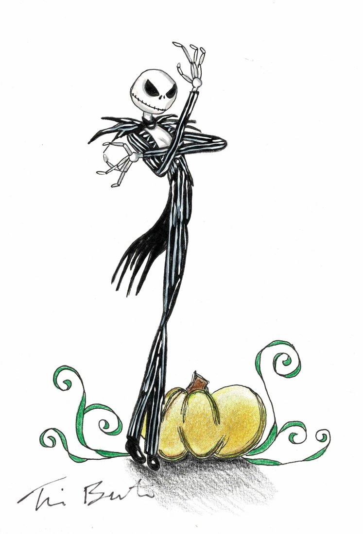 Tim Burton original painting Jack Skellington Halloween Pumpkin: Lot 61 is an original pen and ink and then painted drawing white art card being A5 or 8 1/4 inches by 5 3/4 inches in size portraying Jack Skellington at Halloween with a Yellow pumpkin. Signed to the