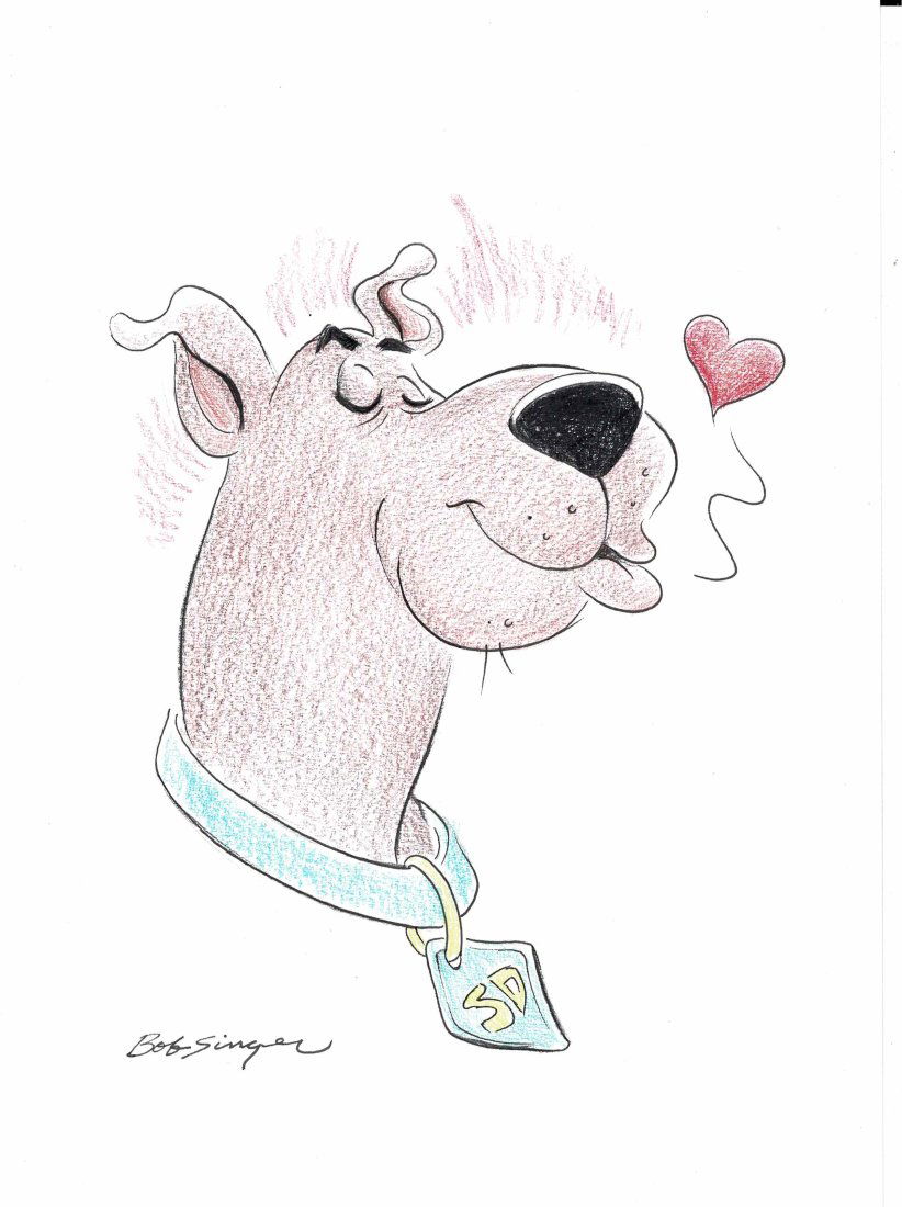 Scooby Doo drawing by Bob Singer: Lot 64 is an original drawing of Scooby Doo by Bob Singer being 11 3/4 inches by 8 1/4 inches in size with Scooby blowing a big Kiss.