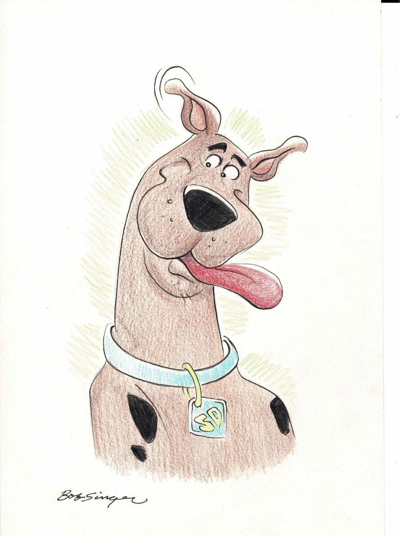 Scooby Doo drawing by Bob Singer: Lot 65 is an original drawing of Scooby Doo by Bob Singer being 11 3/4 inches by 8 1/4 inches in size with Scooby with his long tongue out.