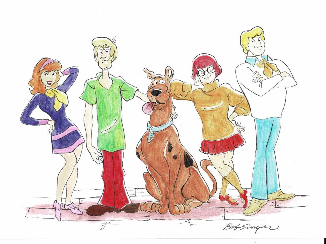 Scooby Doo and Gang drawing by Bob Singer: Lot 66is An original drawing of the main characters from Scooby Doo: Daphne ~ Shaggy ~ Scooby Doo ~ Thelma and Fed. It is A4 or 11 3/4 inches by 8 1/4 inches and in fine condition. It is drawn and sig