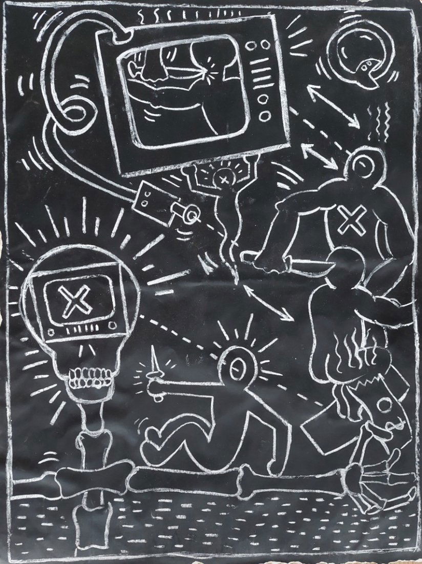 Keith Haring Extra Large Subway Drawing and Foundation Letter: Lot number 1 is a large original subway drawing taken down from one of the advertising boards on the subways in New York. It is made of blackout paint or blackboard paint and then a drawing in chalk h