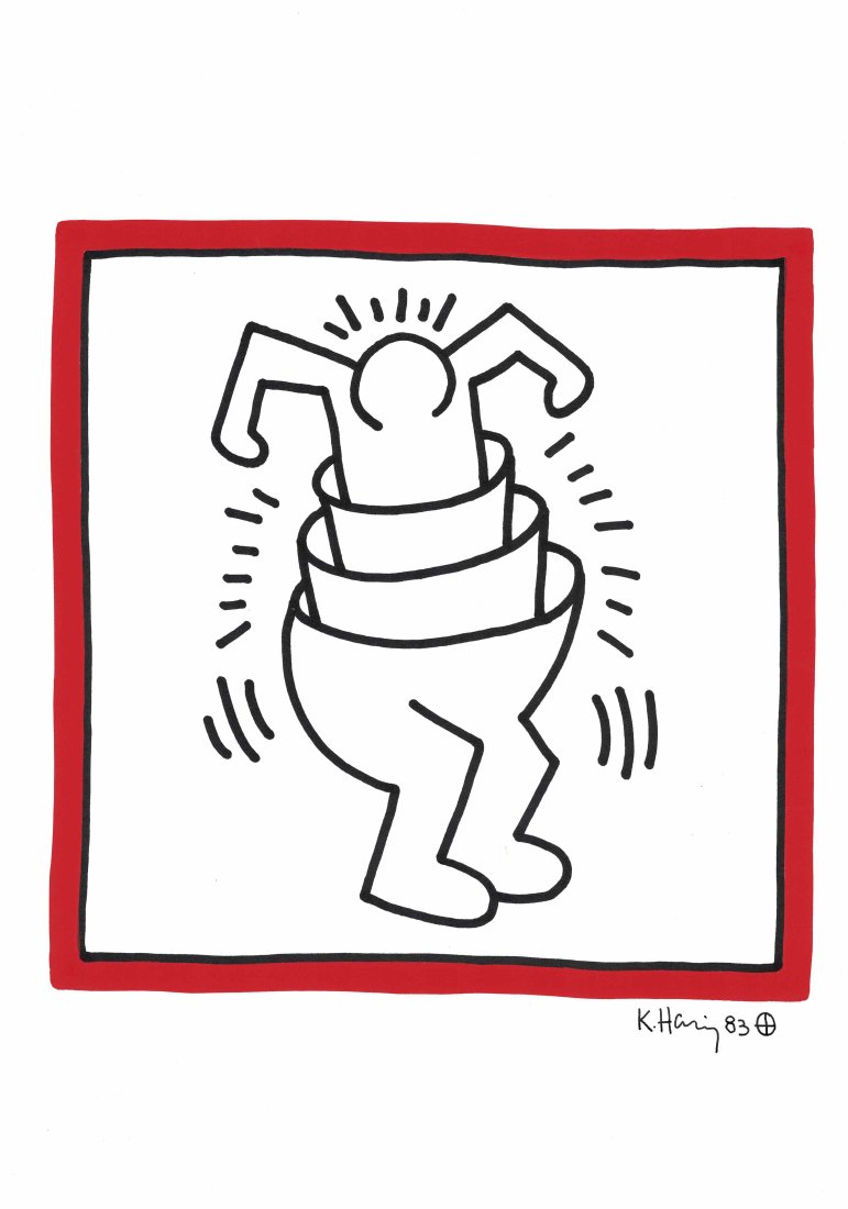 Keith Haring Drawing Egg- spanding Man 1983: Lot number 19 is an original A3, 16 1/2 inches by 11 3/4 inches in size black and red ink to white card drawing drawn and signed Keith Haring 1984. This is an original drawing an " Eggs Spanning Man "