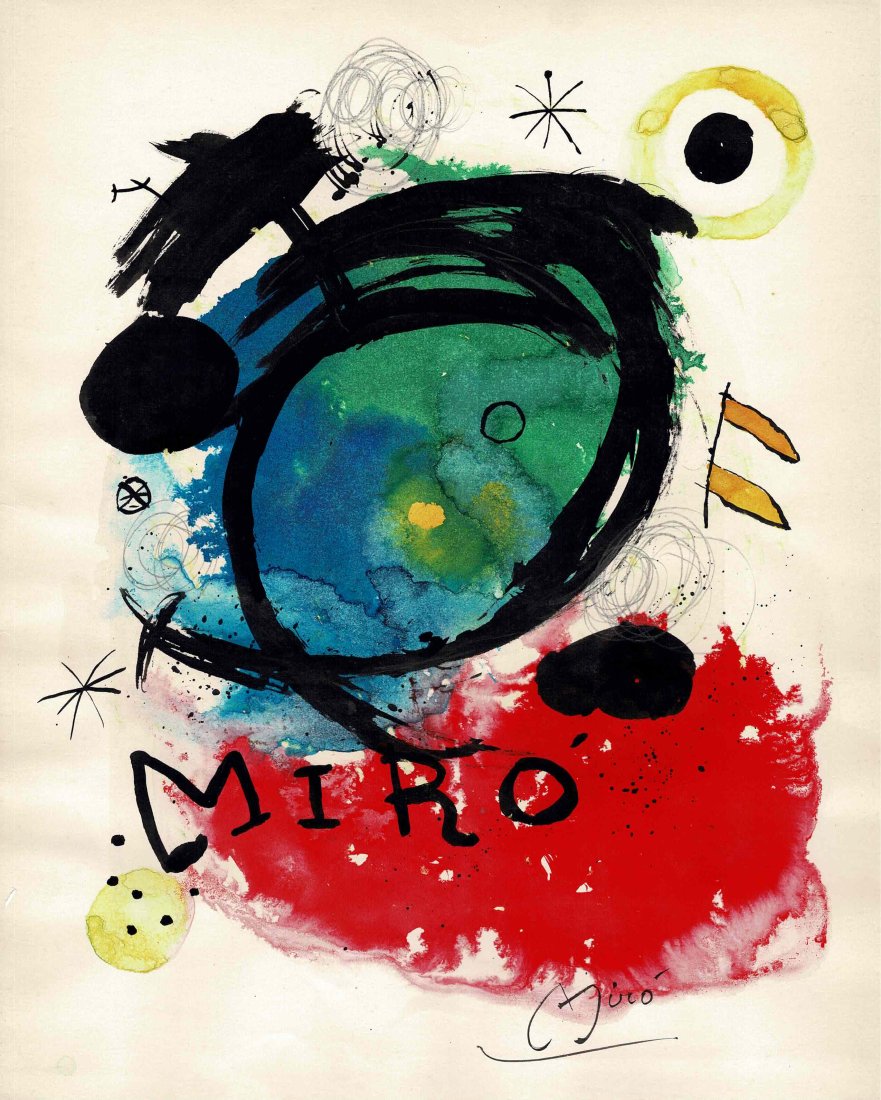 Joan Miro original paper painting and wax seal: Lot number 30 is an original painting to card by Joan Miro and is 11 1/2 inches by 9 1/4 inches in size. This has been signed by Miro to the bottom right hand corner. One the rear is a label " Funacio