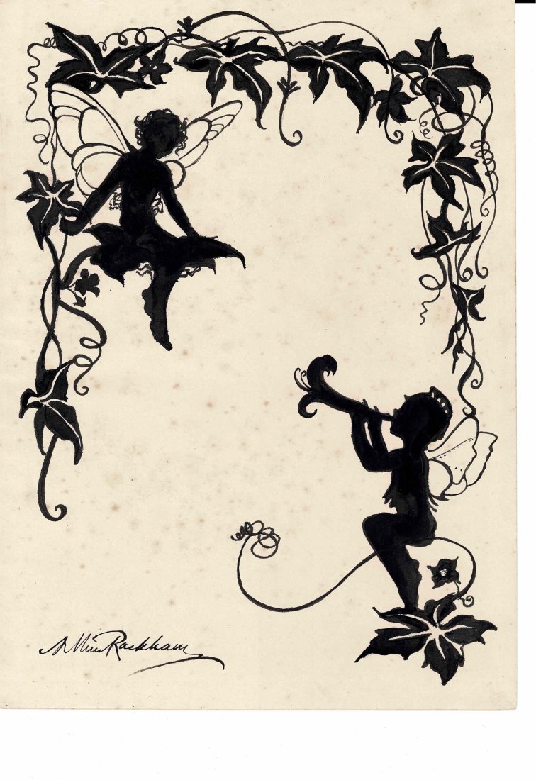 ARTHUR Rackham Blue Peter original drawing: Lot 39 is an original black pen and ink drawing of Tinker Bell and Peter Pan on cream art card being 10 4/5 inches by 7 3/4 inches in size. There is a lot of foxing due to the age, however, this looks