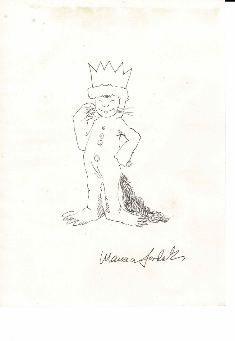 Maurice Sendak original Max drawing: Lot 39 is an original drawing of Max from wild things and this is 30cm by 20 cm and comes with a certificate and insurance valuation from the consigner. It is in very clean and VG++ condition.