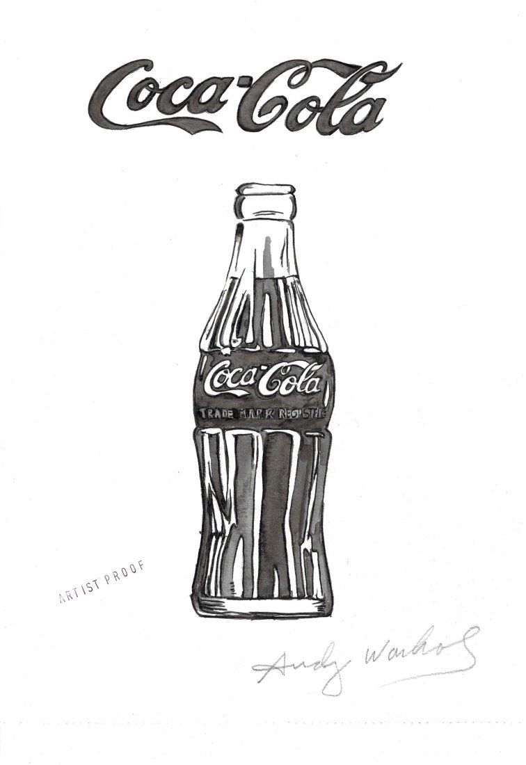 Andy Warhol Original Coca Cola Bottle Artist Proof: Lot 41 is an original artist proof painting of a Coco ~ cola Bottle in black ink and paint being 11 inches by 8 1/4 inches in size. It is in fine condition and been stored in perfect conditions. It is