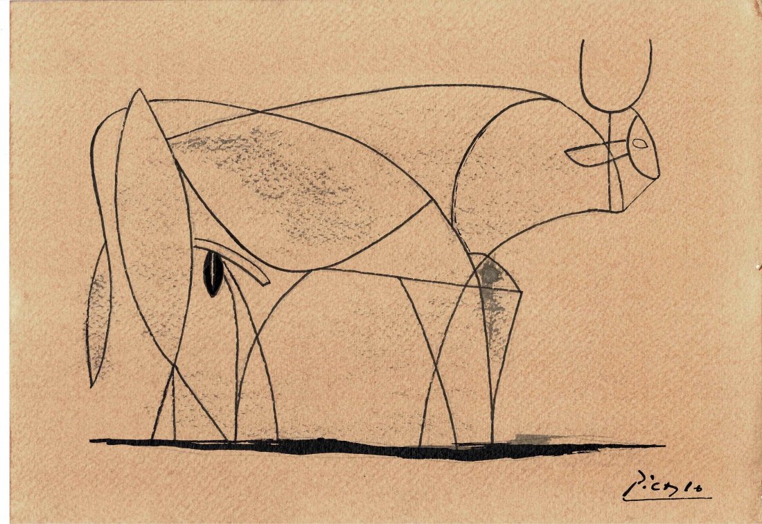 Picasso origin aline drawing of a Bull: Lot number 43 is an original line drawing with paint wash of a Bull by Pablo Picasso. Lots of stamps on the rear and black to brown art card11 1/2 inches by 8 1/4 inches in size.