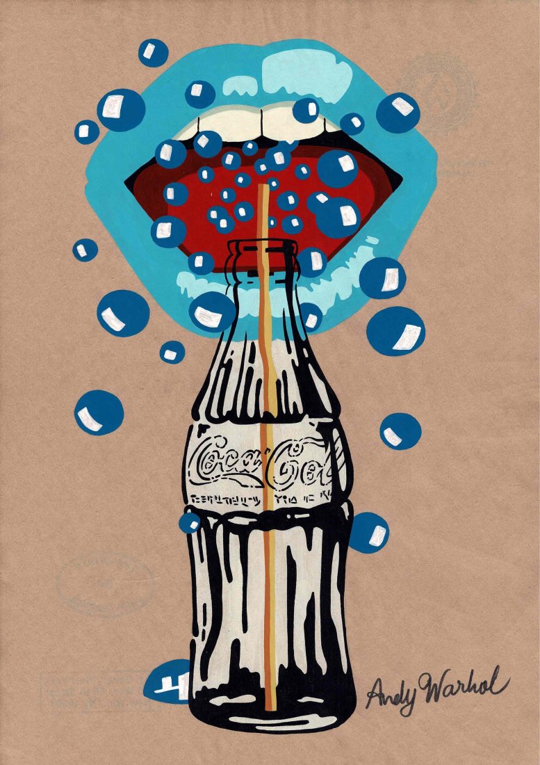 Andy Warhol Coca ~ Cola Hot Lips original painting: Lot number 71 is an original Andy Warhol an vintage pen and watercolour of Hot Lips and a Coca ~ Cola bottle with straw by Andy Warhol drawn, painted and signed by him to the lower right hand corner.