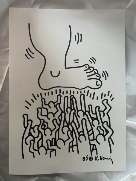 Keith Haring Original Drawing 1983 & Certified: Lot number 6 is an original A3, 16 1/2 inches by 11 3/4 inches in size drawing by Keith Haring. Drawn in large black marker type and signed and dated 83 to the lower right hand side. This is also stam