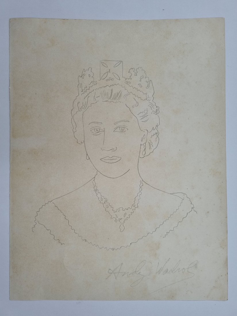 Andy Warhol original drawing of Her Majesty Queen Elizabeth II: Lot number 41 is an original pencil drawing by Andy Warhol of Her Majesty Queen Elizabeth II. It is A4 in size and signed by Warhol. These are better known from the Royal Mail Mint Stamp series someth