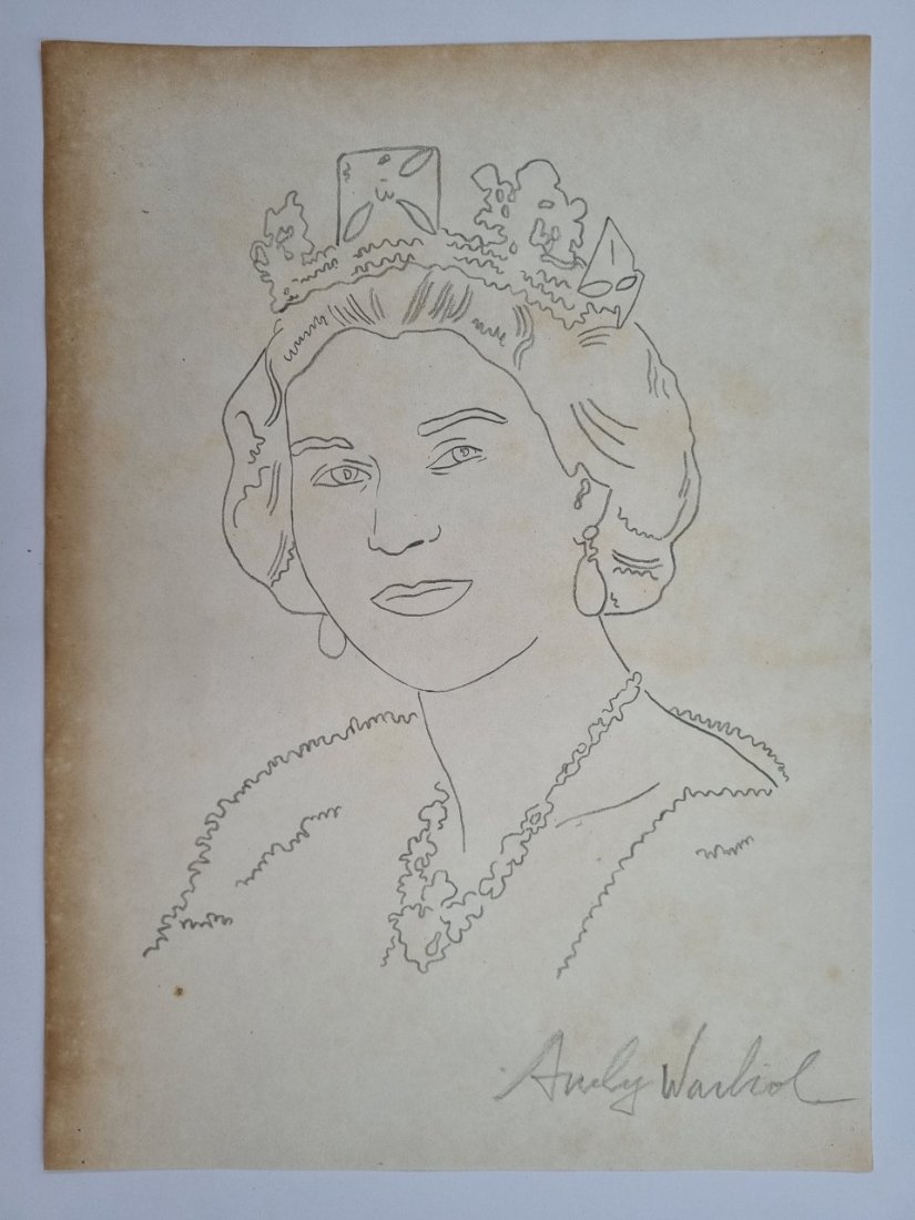 Andy Warhol original drawing of Her Majesty Queen Elizabeth II b: Lot number 42 is an original pencil drawing by Andy Warhol of Her Majesty Queen Elizabeth II. It is A4 in size and signed by Warhol. These are better known from the Royal Mail Mint Stamp series someth