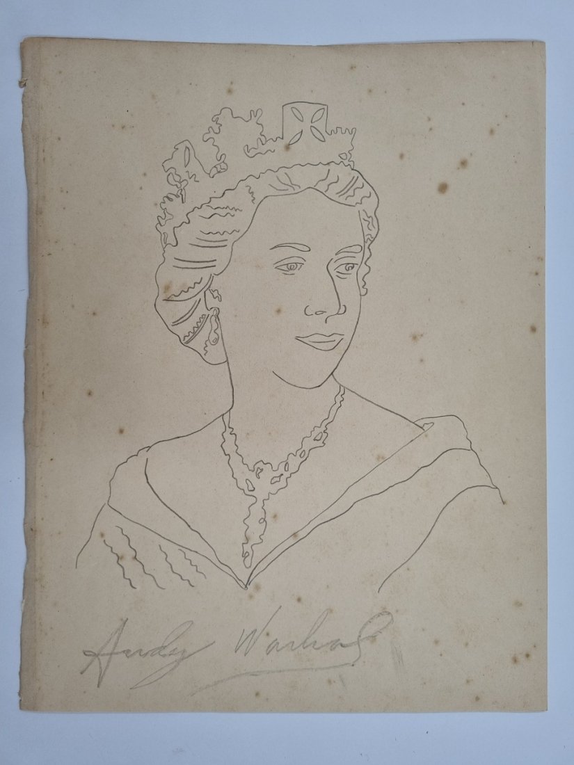 Andy Warhol original drawing of Her Majesty Queen Elizabeth II c: Lot number 42 is an original pencil drawing by Andy Warhol of Her Majesty Queen Elizabeth II. It is A4 in size and signed by Warhol. These are better known from the Royal Mail Mint Stamp series someth