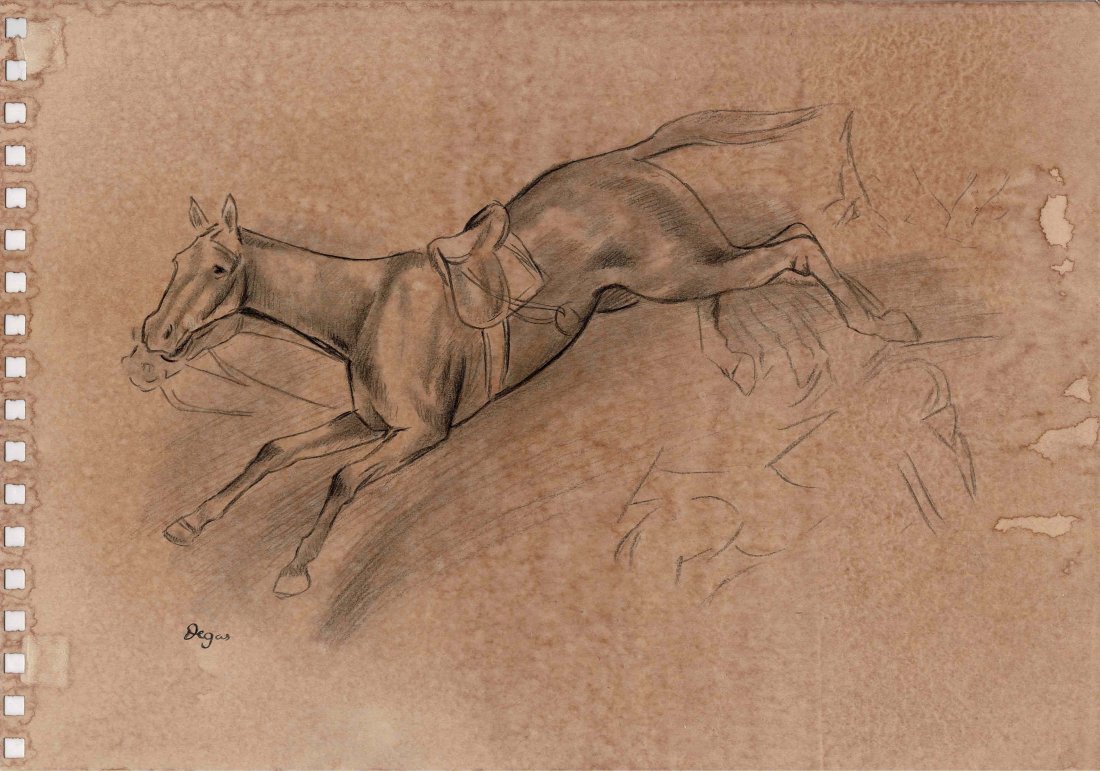 Edgar Degas original large Horse drawing NO RESERVE: lot number 50 is an Edgar Degas drawing of a Horse on cream art card with punch holes. It has stamps to the rear and signed to the lower right hand corner. It is 13 inches by 9 1/4 inches.
