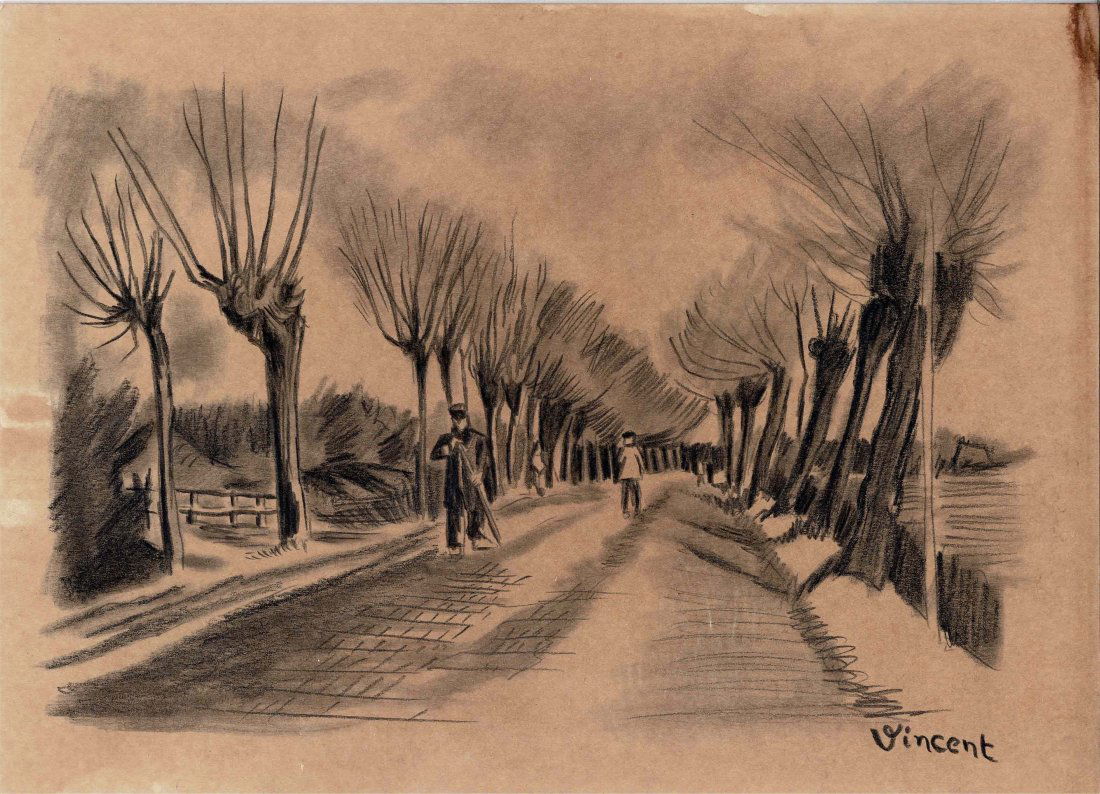 Vincent Van Gogh pencil drawing NO RESERVE: Lot number 51 is a pencil drawing to cream art card being 12 1/2 inches by 9 1/8 inches in size. Landscape style with stamps on the rear. Signed Vincent to the lower right hand corner and in good cond