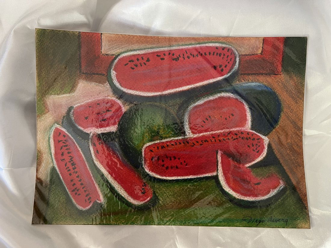 Diego Rivera painting The Watermelons 1957 NO RESERVE: Lot number 54 is a painting on art card in multi colours titled The Watermelons by Diego Rivera being 11.61 inches by 8.26 inches tin size with stamps and labels on the rear.