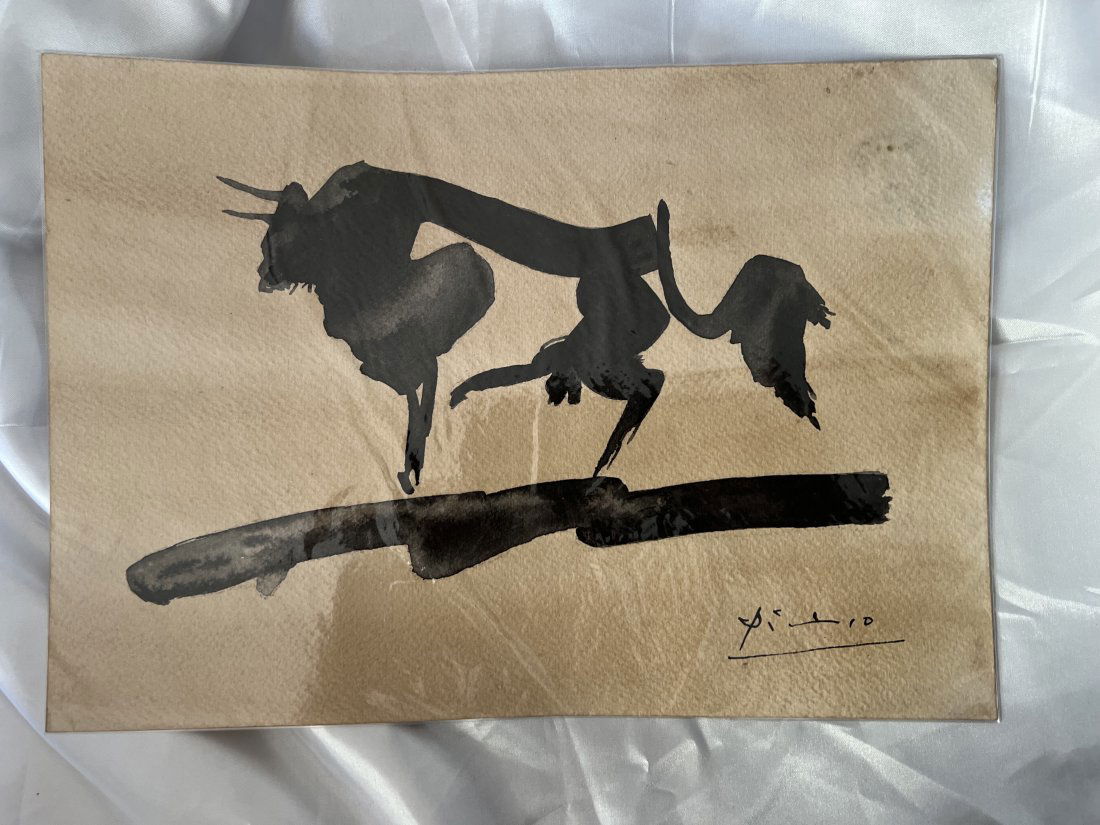 Pablo Picasso Bull painting NO RESERVE: Lot number 58 is a painting of a Bull by Pablo Picasso and this is 11 1/2 inches by 8 1/8 inches in size to cream art card with stamps on the rear. it is in good condition and signed to the lower righ