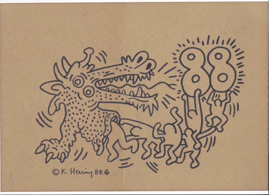 Keith Haring original drawing certified: Lot number 85 is an original drawing by KEITH HARING which has been certified by the Haring foundation with the stamp on the rear. It is A4 in size to thin cream paper with slight age toning.Signed an