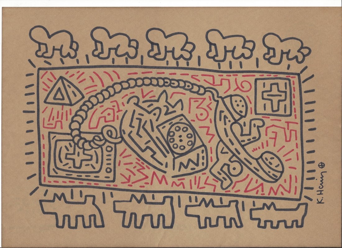 Keith Haring original drawing certified: Lot number 87 is an original drawing by KEITH HARING which has been certified by the Haring foundation with the stamp on the rear. It is A4 in size to thin cream paper with slight age toning.