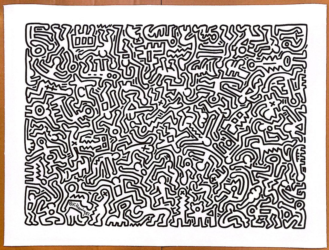 Keith Haring original large ink drawing on thick art card NO RESERVE: Lot number 88 is an original very large drawing in ink to thick art paper being 77.6cm by 59.5cm in size contain multiple figures and this is drawn signed and dated by Keith Haring 1987. We have shown