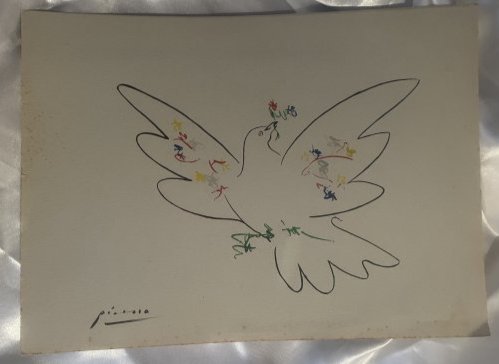 Pablo Picasso (1881-1973) Colored Pencil Drawing...No Reserve: Lot number 20 is an original coloured pencil drawing by Pablo Picasso of a dove. This is drawn on grey art card which has age tanning to the outer edges. It is 12 1/2 inches by 9 1/4 inches in size an