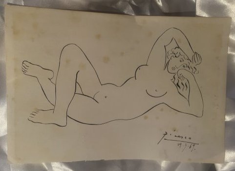 Picasso Original Pen And Ink Study 1968....No Reserve: Lot number 21 is an original pen and ink drawing study by Pablo Picasso. It is black ink to cream paper. it is drawn, signed and dated 19.3.1969 and depicts a nude lady laid down in a pose. On the rea