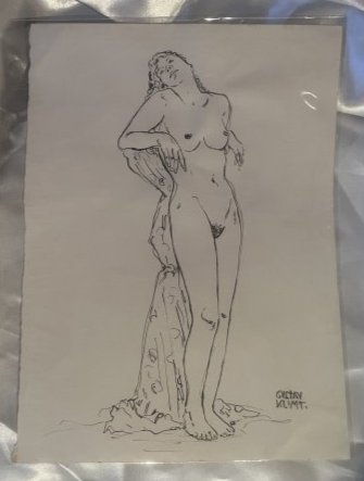 Gustav Klimt original Nude Lady drawing: Lot Number 30 is an original pencil and black ink drawing of a nude lady by Gustav Klimt. It is 10 3/4 inches by 7 3/5 inches in size and signed to the lower right hand corner. Three stamps on the rea