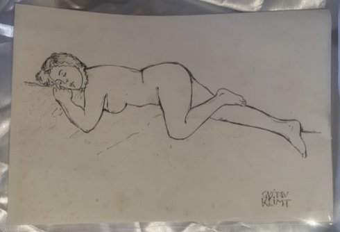 Gustav Klimt original Nude Lady laying down drawing: Lot Number 31 is an original pencil and black ink drawing of a nude lady by Gustav Klimt. It is 10 3/4 inches by 7 3/5 inches in size and signed to the lower right hand corner. Three stamps on the rea