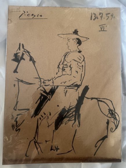 Pablo Picasso Matador wash painting 1959: Lot number 32 is a painting of a Matador on a horse by Pablo Picasso and this is 11 1/2 inches by 8 1/8 inches in size to cream art card with stamps on the rear. it is in good condition and signed to