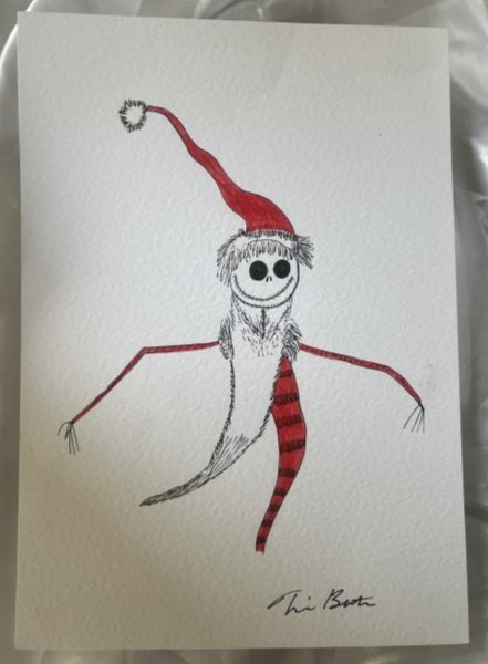Tim Burton original drawing A Nightmare Before Christmas: Lot 36 is an original pen and ink drawing of Jack Skellington as Father Christmas from the film " A Nightmare Before Christmas " in red and black ink to textured white card being A4 or 11 2/3 inches b