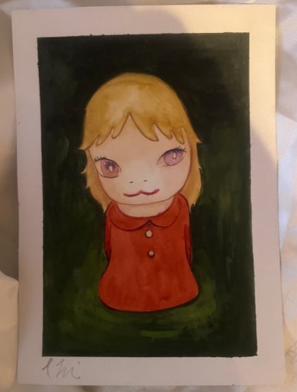 Yoshitomo Nara original painting double signed.: Lot number 47 is an original watercolour painting by Yoshitomo Nara. This is A5 or 8 1/4 inches by 6 inches in size. Thick white textured art card and watercolours that a really pleasing on the eye. I