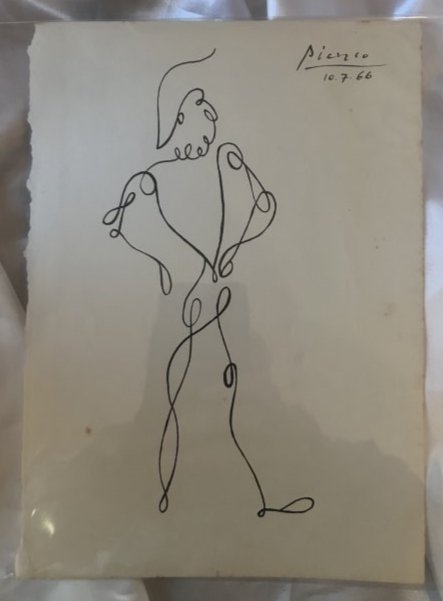 Pablo Picasso (Spanish, 1881-1973) -- Hand Signed Bull Fighter: Lot number 50 is an original pen and ink drawing by Pablo Picasso. It is black ink to cream paper. it is drawn, signed and dated 10.7.66 and depicts a Spanish Matador. On the rear is his own printing 