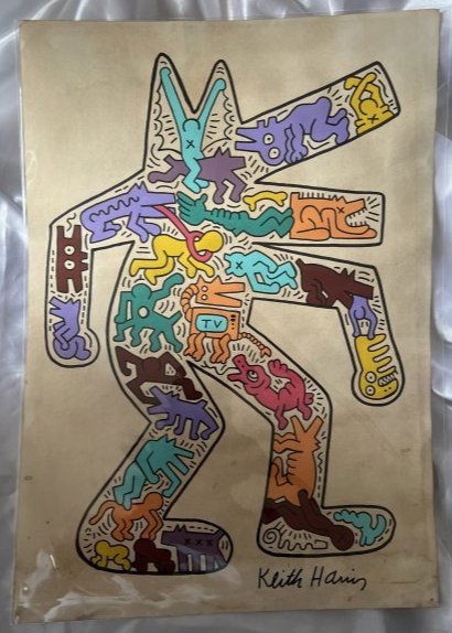 Keith Haring Original drawing large A3 in size & foundation stamp: Lot number 63 is and original black and red marker pen drawing of Gargoyle breathing fire snakes to white art card , being drawn and signed by Keith Haring. This has been stamped and signed by the Har