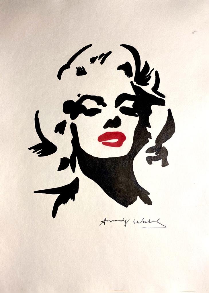 Andy Warhol Portrait of Marilyn Monroe: Lot number 73 is an Andy Warhol, Black and red ink drawing on paper, Portrait of Marilyn Monroe. It has signature â€œAndy Warhol” in the lower right.Has a stamp in the back who reads: Author